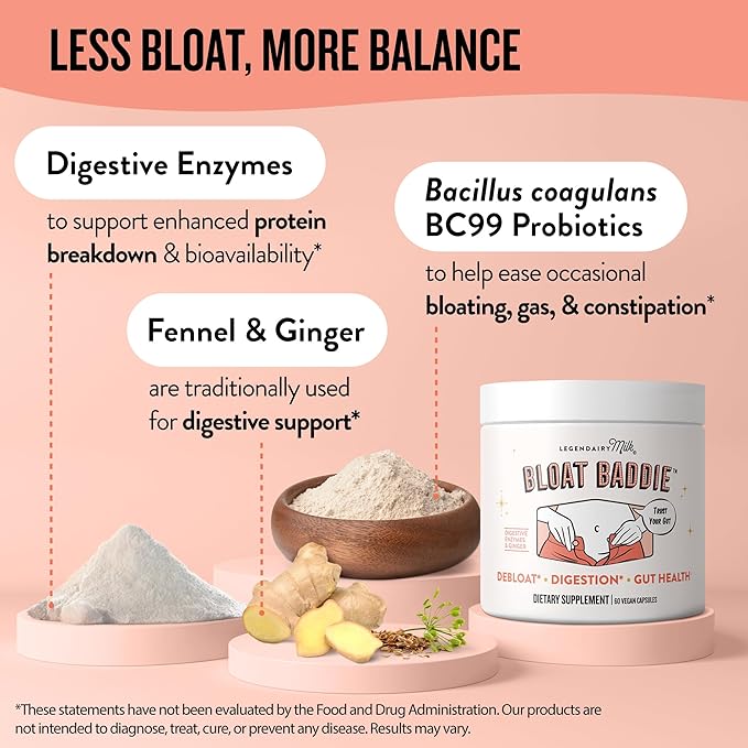 Legendairy Milk Digestive Enzymes for Women, Probiotics for Digestive Health, Gut Health Supplements, Bloating Relief for Women, Debloat Gas Relief w/Ginger & Fennel Bloat Baddie 60 Capsules