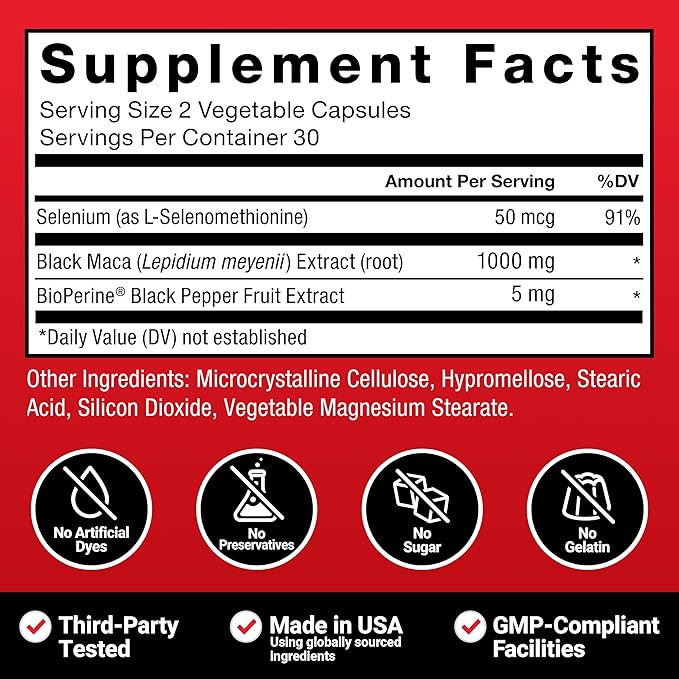 Force Factor Black Maca Root Supplement for Men, 1000mg Maca Negra Extract for Energy, Hormonal Balance & Vitality, Superior Absorption with BioPerine, 180 Capsules, 3-Pack