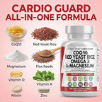 Clean Nutraceuticals COQ10 200mg Red Yeast Rice Omega 3 Magnesium Complex 500mg Niacin Zinc Vitamin K2 D3 - Heart Support Vitamins for Women & Men w/Vitamin B3, Coenzyme Q10-60 Ct