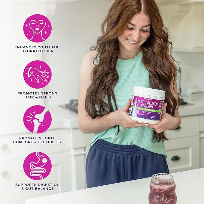 Multi Collagen Probiotics for Women Prebiotics Protein Powder | 20g Collagen Peptides Hyaluronic Acid Vitamin C & Fibersol Prebiotic Support Skin Elasticity Digestion Gut Health Unflavored 20 Servings