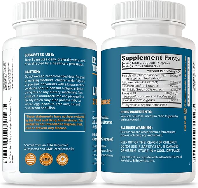 Dr. Tobias Liver 21 Day Cleanse - Herbal Liver Detox Cleanse with Milk Thistle Dandelion Root & Artichoke Extract | Supports Liver Health & Digestion (63 Vegetarian Capsules (126 Count (Pack of 2))
