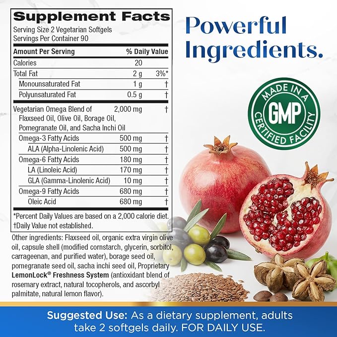 Purity Products Vegan Omega 3 6 9 Formula - “5 in 1” Essential Fatty Acid Complex - Scientifically Formulated Plant-Based Vegan Omega 3-6-9 Essential Fatty Acids (EFA) - 3 Month Supply - 180 Softgels