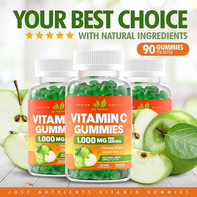 Vitamin C 1000mg Gummies (90 Count) - Maximum Strength Chewable Immune Support & Collagen Support for Adults & Kids - Natural Green Apple Flavor - Gluten Free, Non-GMO, Vegetarian - 90 Gummies