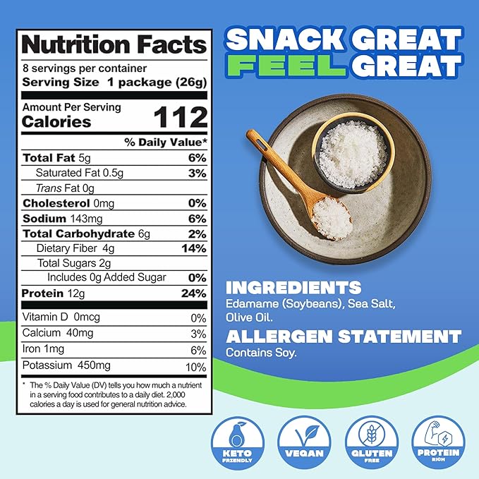 Where You Bean Edamame Beans Snack (Sea Salt) - Crunchy and Dry Roasted Edamame Beans - High Protein Snacks, Keto and Vegan Healthy Snacks for Adults & Low Carb Snack 0.9 oz (Pack of 8)