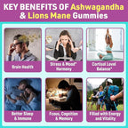 Organic Ashwagandha Gummies & Lions Mane Gummies with 4 Adaptogens| Brain Supplements for Memory and Focus, Stress, Energy, Immune, Sleep| Cortisol Supplements for Women & Men| Berry Flavor, 60 Counts