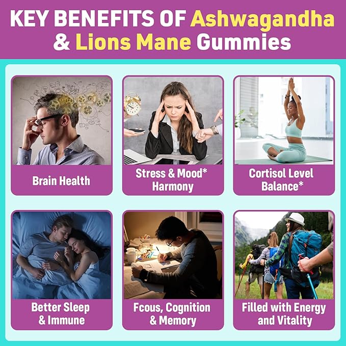 Organic Ashwagandha Gummies & Lions Mane Gummies with 4 Adaptogens| Brain Supplements for Memory and Focus, Stress, Energy, Immune, Sleep| Cortisol Supplements for Women & Men| Berry Flavor, 60 Counts