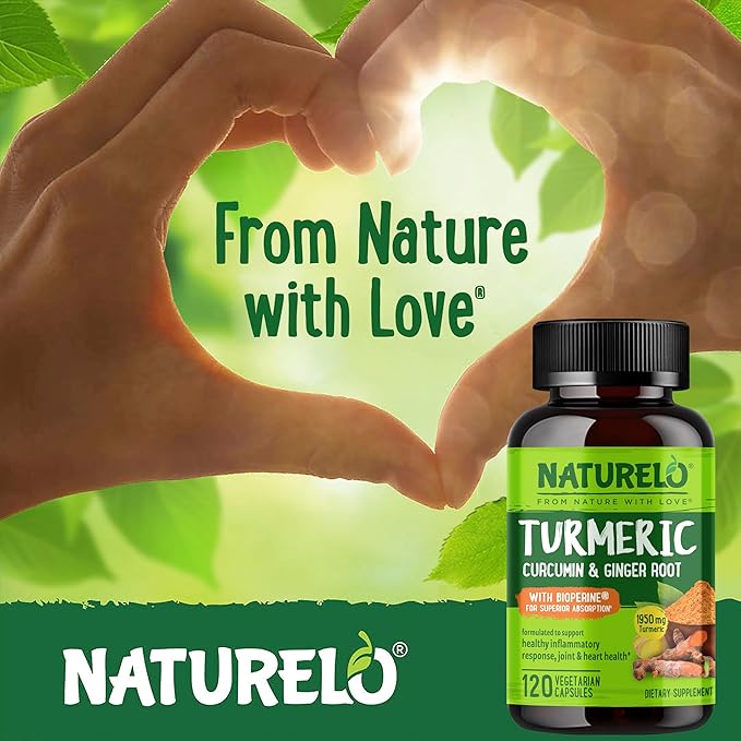 NATURELO Turmeric Curcumin - BioPerine for Better Absorption - Black Pepper, Ginger Root, Curcuminoids - Plant-Based Joint Discomfort Support - 120 Vegan Capsules