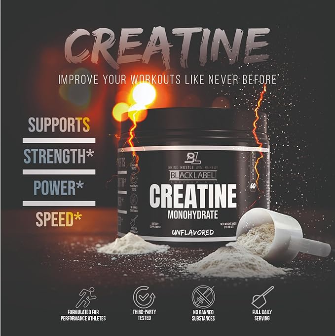 BLACKLABEL Supplements Creatine Monohydrate Powder, 60 Servings – Unflavored Creatine Powder for Muscle Gain and Strength Support – Daily Creatine Supplement for Men and Women, 5g per Serving