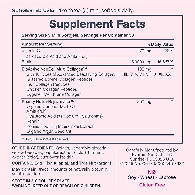 NeoCell Hair Skin and Nails Vitamins with Collagen | 150 Softgels | Advanced Bio-Peptides with Keratin & Hyaluronic Acid | Beauty Complex Supplement
