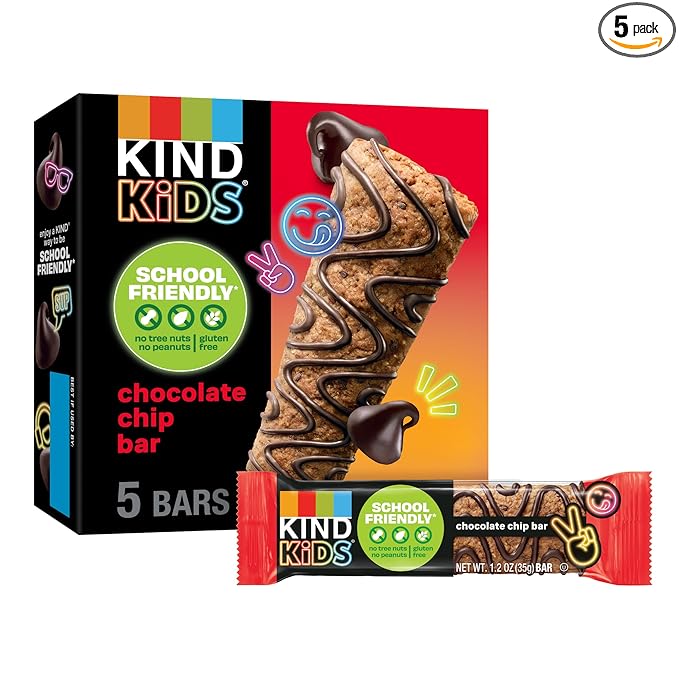 KIND Kids Granola Bars, Chocolate Chip, Gluten Free, Low Sodium, Peanut and Tree Nut Free Snacks, 5g Protein, 5 Count
