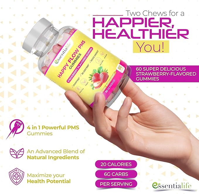 PMS Gummies - Happy Flow PMS Support Supplement for Women - Strawberry PMS Relief Supplement with Vitamin B6 for Hormone Balance, Period Support, Cramps, Hormonal Acne & Bloating Relief (180 Count)