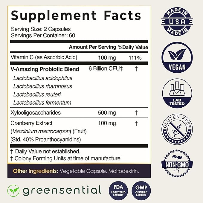 Vaginal Probiotics for Odor & pH Balance | 2-Month Supply | Supports Vaginal Flora, Yeast Balance, Feminine Health | with Prebiotics, Vitamin C & Cranberry | Vegan, 120 Count