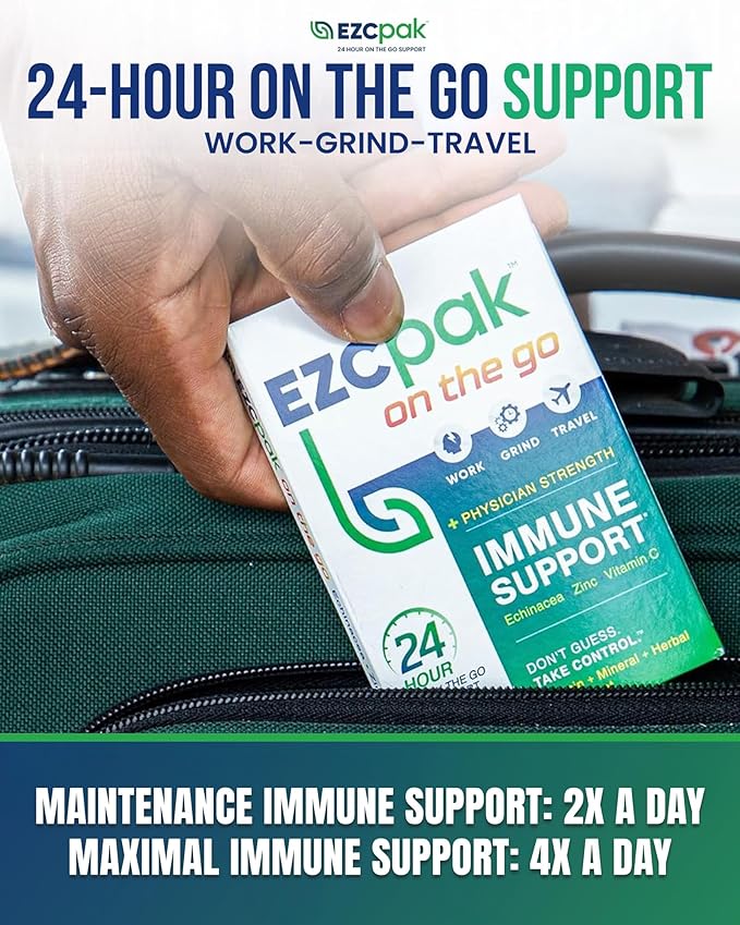 EZC Pak On The Go Immune System Booster with Echinacea, Vitamin C, Zinc, Immune Support Supplement, Immunity Vitamins for Adults, Travel-Friendly Packaging, Vegetarian, Gluten-Free