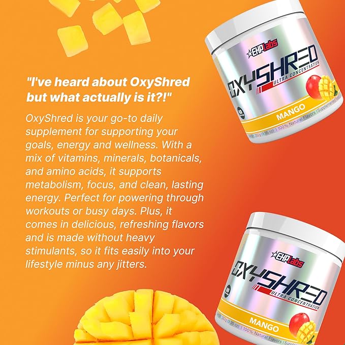 EHP Labs OxyShred Pre Workout Powder - Preworkout Powder with L Glutamine & Acetyl L Carnitine, Energy Boost Drink - Mango, 60 Servings