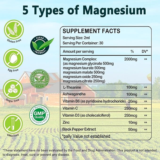 Liquid Magnesium Supplement, Organic 5-in-1 Magnesium Complex Drops 丨 Glycinate, Taurate, Oxide, Malate, Citrate w/L-Theanine, Ashwagandha for Cortisol, Sleep*, Stress, Muscle,