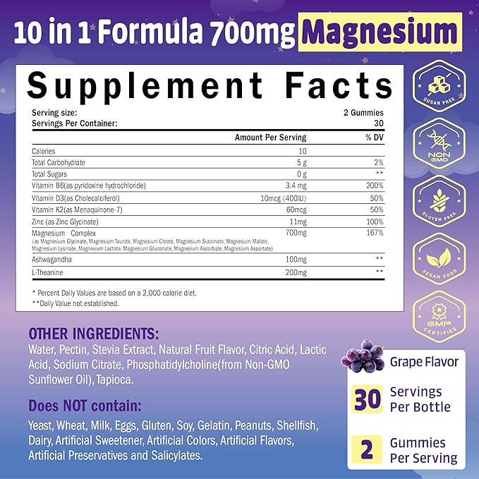 Magnesium Complex for Women, 10 in1 Magnesium Glycinate, Malate, & Citrate, Magnesium Gummies 700mg with Ashwagandha & L-Theanine, Vegan, 30 Servings