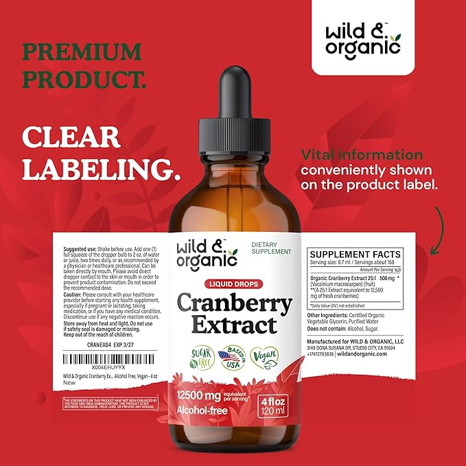 Wild & Organic Cranberry Concentrate Liquid Drops - Urinary Tract Support with Cranberry Supplement for Women & Men - 500 mg Extract per Serving - Vegan, Sugar & Alcohol-Free - 4 fl oz