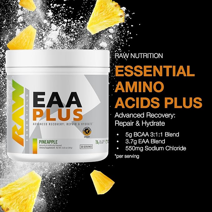 RAW EAA Plus, Amino Acids Powder, Pineapple (30 Servings) - Pre Workout Amino Energy Powder for Advanced Endurance, Recovery & Lean Muscle Growth - BCAA Amino Acids Supplement for Men & Women