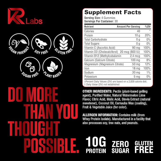 Zero Carb 100% Pure Whey Isolate Protein Gummies | 300g Total Protein per Bag | 10g per Serving Plant Based with Vitamins for Men & Women | Gluten Free Non-GMO | Watermelon Lime | 120 Count