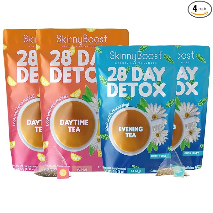 Skinny Boost Detox Tea Kit Slimming Tea for Weight, Metabolism, Energy, Bloating & Colon Cleanse – Green Tea, Herbal, Vegan, Keto, Non-GMO, Sugar-Free-4 PACK –1 Daytime (28 Bags) + 1 Evening -(14 Bags)