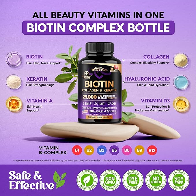Biotin | Collagen | Hyaluronic Acid | Keratin - Clinically Tested Supplement - Hair Growth Support, Skin & Nails - 25000 mcg Vitamins B2, B3, B6 & B7 + B1 - Made in USA - Women & Men | 120 Capsules