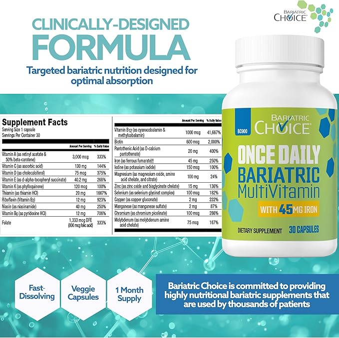 Bariatric Choice Once-Daily Bariatric Multivitamin with 45 mg of Iron | Easy to Swallow Capsule | Vitamin for Bariatric Surgery Patients | 30 Count (1-Month Supply)