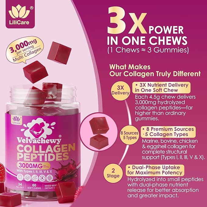 Collagen Gummies + Biotin Soft Chews 3000mg for Women & Men, Ultra Hydrolyzed Collagen Peptides Boosting Type I,II,III,V,X, Vitamin C, E, Anti-Aging Formula for Hair, Skin & Nails, Digestion,Bone,60Ct