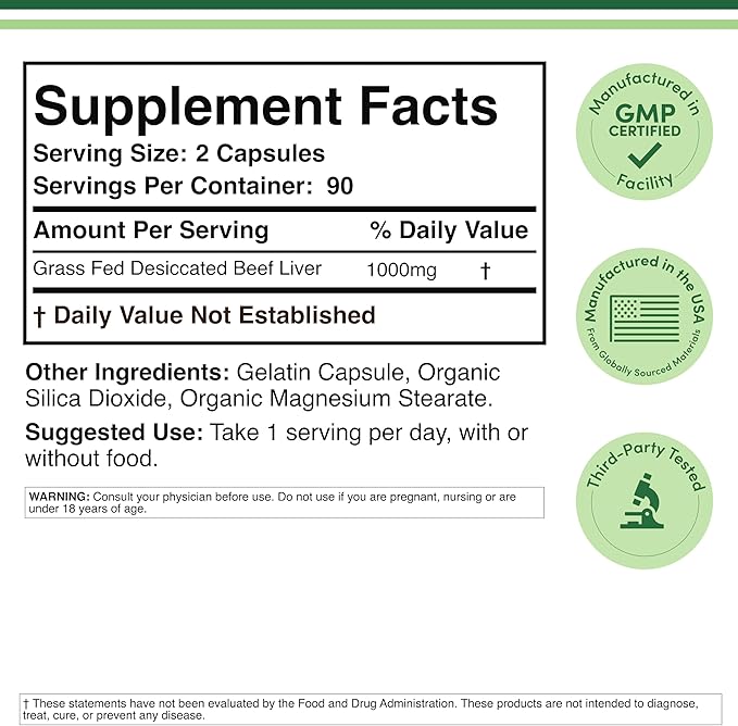 Grass Fed Beef Liver Capsules (1,000mg of Grass Fed, Desiccated Beef Liver per Serving, 180 Capsules, 3 Month Supply) Supplement for Digestion, Immune Health, Energy, and Wellness by Double Wood