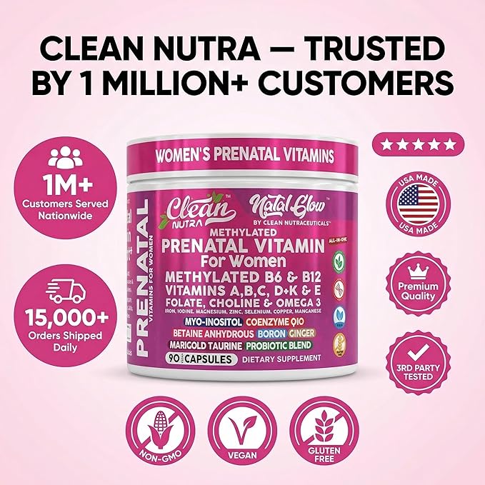 Natal Glow Methylated Prenatal Vitamins for Women Folate Omega 3 Vitamins A B12 C D3 E K2 Iron Riboflavin Biotin Choline Calcium Iodine Magnesium Zinc Selenium Copper Manganese by Clean Nutra