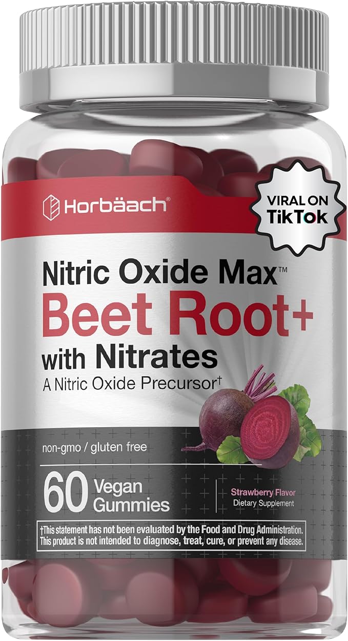 Horbäach Nitric Oxide Beet Root Gummies | 60 Chews| with Nitrates, Vitamin C & Black Pepper | for Men & Women | Strawberry Flavor | Vegan, Non-GMO, Gluten Free Supplement