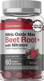 Horbäach Nitric Oxide Beet Root Gummies | 60 Chews| with Nitrates, Vitamin C & Black Pepper | for Men & Women | Strawberry Flavor | Vegan, Non-GMO, Gluten Free Supplement