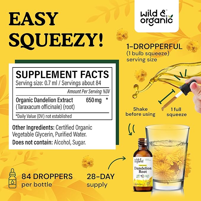 Wild & Organic Dandelion Root Supplement - Liver Detox Cleanse Support - Dandelion Root Tincture - Add to Tea - Herbal Liver Supplement - Vegan, Sugar & Alcohol-Free Liquid Extract Drops - 2 fl oz