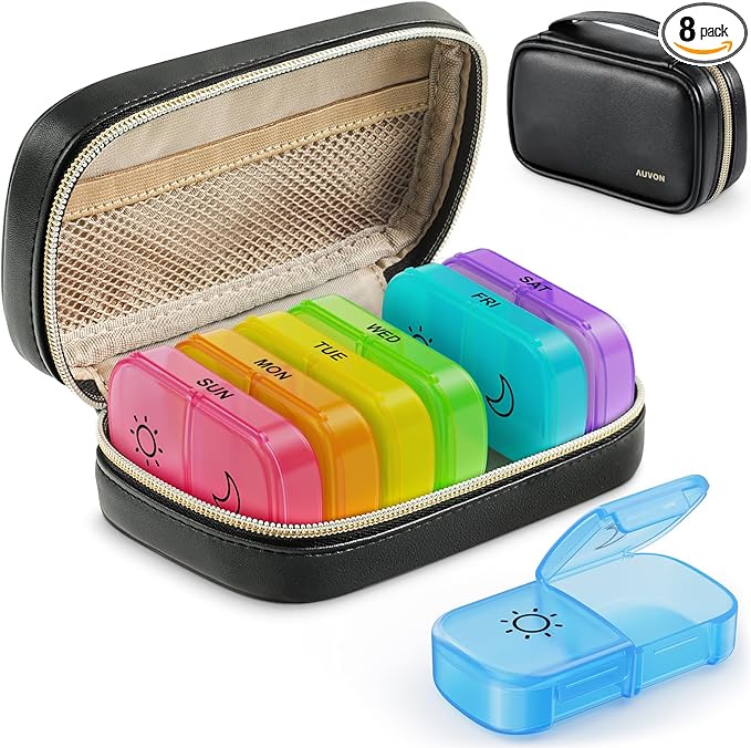 AUVON Weekly Pill Organizer 2 Times a Day with PU Leather Bag, Travel AM PM Pill Box 7 Day with One-Side Large Opening Design for Easy Filling, Portable Pill Case for Vitamins, Medication, Supplements