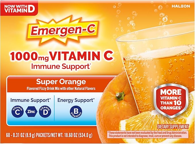 Emergen-C 1000mg Vitamin C Powder for Daily Immune Support Caffeine Free Vitamin C Supplements with Zinc and Manganese, B Vitamins and Electrolytes, Super Orange Flavor - 60 Count/2 Month Supply