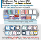 3 Pack 14 Grids Travel Pill Organizer Box with 415-Pcs Medicine Name Labels - Pocket Daily Pharmacy Case Container Kit - Travel Medication Holder Dispenser for Fish Oil Vitamin, Khaki+Grey+Sky Blue