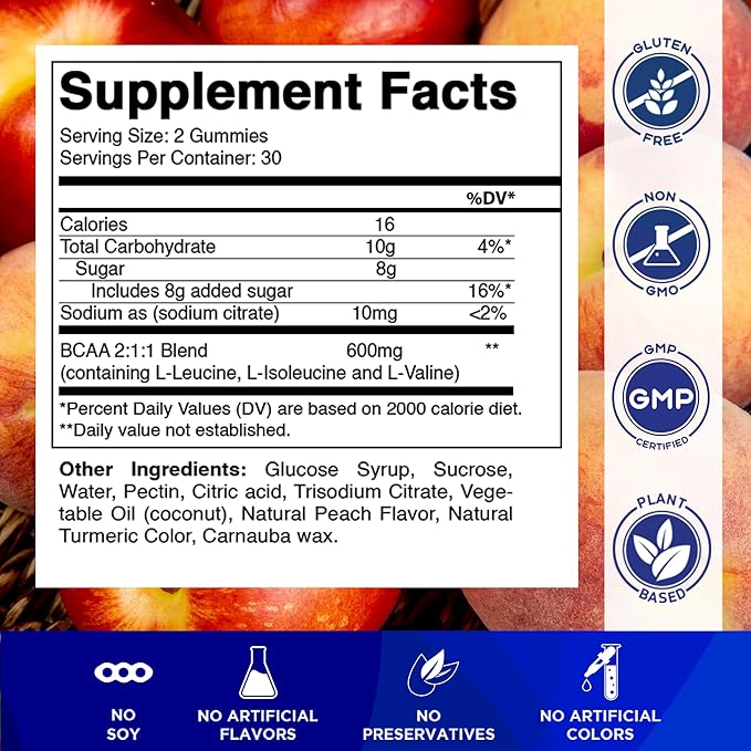 Vitamatic BCAA Gummies - Branch Chain Amino Acid Supplements - Peach Flavor - 600mg per Serving - 60 Vegan Pectin Based Gummies (1 Bottle)