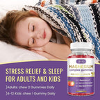 Magnesium Complex Gummies for Kids & Adults- Calm Chewable Gummies- Magnesium Glycinate, Taurate, Citrate, Malate, Supplement-Support Calm Stress Relief, Mood Vegan, Strawberry Flavor, 60 Gummies