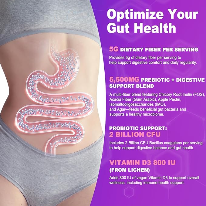 Prebiotic Fiber Gummies, 5g Fiber per Serving, 2 Billion CFU Bacillus Coagulans + Vitamin D3, Sugar Free Pectin Mixed Berry Gummies, Inulin (FOS) + Acacia + Apple Pectin, 60 Gummies (30 Servings)