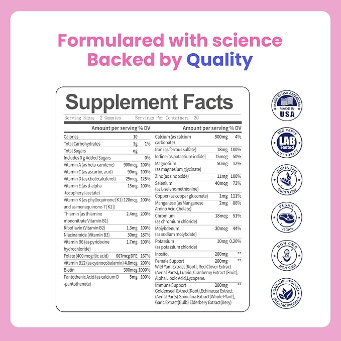 All-in-One Women's Multivitamin Gummies with Complete Vitamin & Mineral Complex, Herbal Blends for Energy, Overall Health, High Potency Hair Skin and Nails Vitamins, Strawberry Flavor, 60 Count