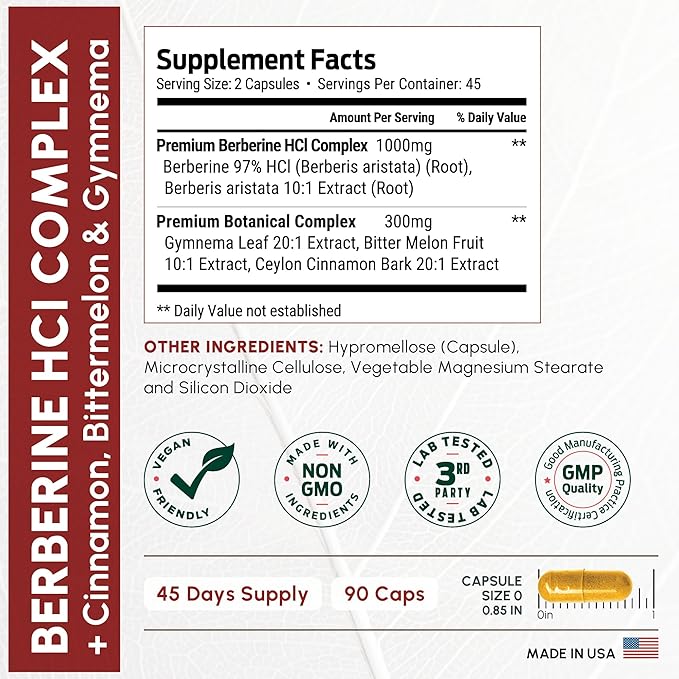 ForestLeaf Berberine Supplement - 1300mg per Serving - Ultra High Potency Berberine HCl with Ceylon Cinnamon, Bitter Melon & Gymnema - Weight Management Support - 90 Caps