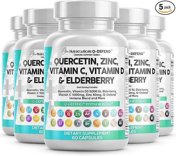 Clean Nutraceuticals Quercetin Zinc Vitamin C Vitamin D Bromelain Elderberry - Lung Immune Support Supplement Adults with Artemisinin, Sea Moss, Echinacea, Allergy Relief (60 Count (Pack of 5))