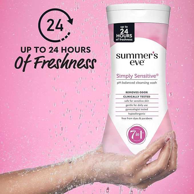 Summer’s Eve Simply Sensitive All-Over Daily Feminine Wash, Gentle pH-Balanced Body Wash for Women, Feminine Care to Remove Vaginal Odor, Gynecologist Tested, 15 Fl Oz, Pack of 3