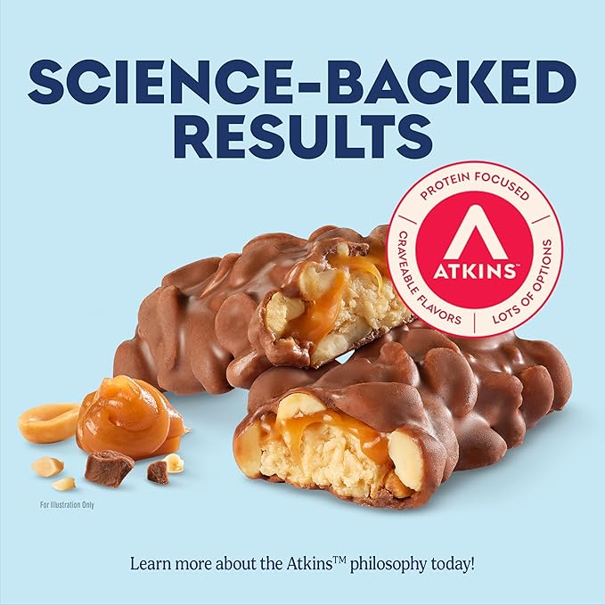 Atkins Caramel Chocolate Nut Roll Snack Bar, Protein Snack , 7g Protein, 2g Sugar, High Fiber Snack, 16 Count