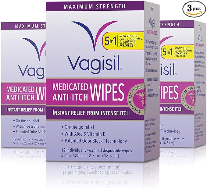Vagisil Anti-Itch Medicated Feminine Intimate Wipes for Women, Maximum Strength, Gynecologist Tested, 12 Wipes (Pack of 3)