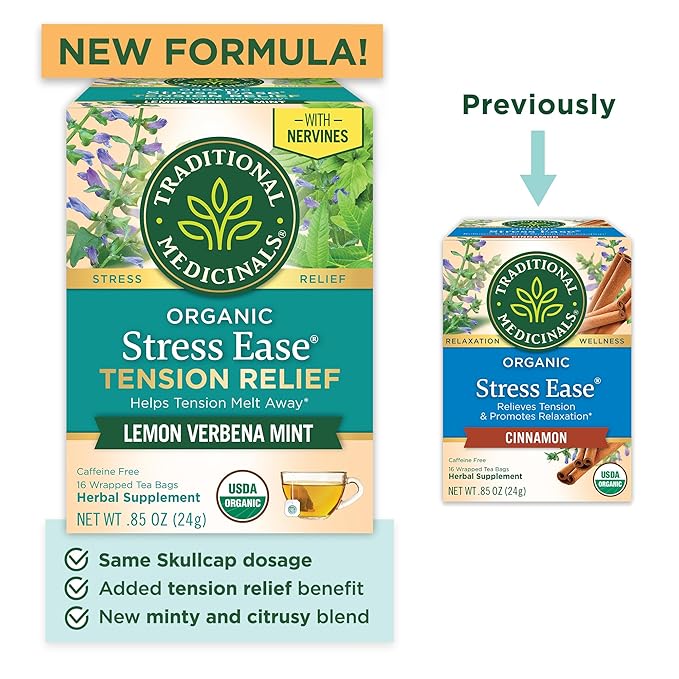 Traditional Medicinals Organic, Stress Ease Tension Relief, Lemon Verbena Mint Tea - Supports Stress Relief - Kosher, Non-GMO, Caffeine-Free, Compostable - 16 Count (Pack of 2)