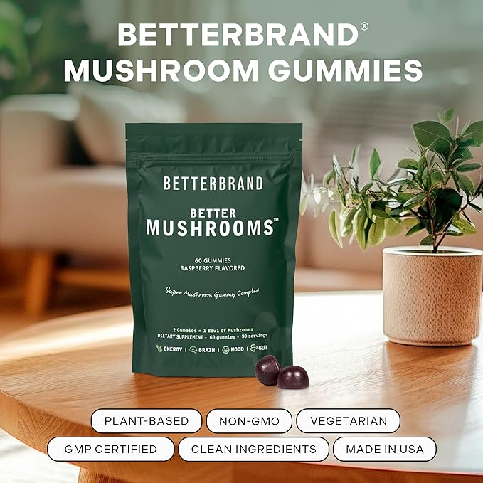 Betterbrand BetterMushrooms Nootropic Gummies - Supports Better Gut Health, Cognitive Function, Mental Clarity with 10 Functional Mushrooms - 60 Gummies - Raspberry Flavor - Pack of 1