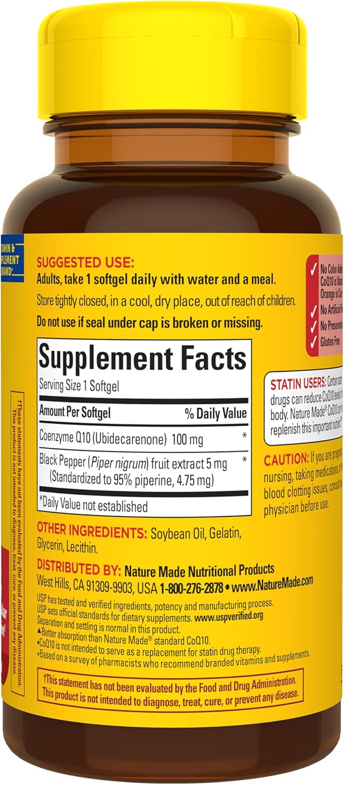 Nature Made CoQ10 100mg with Black Pepper Extract for Enhanced Nutrient Absorption, Dietary CoQ10 Supplement for Heart Health Support, 30 Softgels, 30 Day Supply