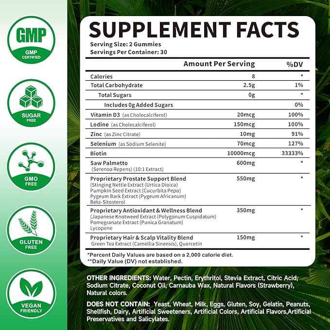Saw Palmetto Gummies 600mg for Men & Women – Pumpkin Seed Oil Gummies with Saw Palmetto Supplement for Hair Growth & Skin Health, DHT Blocker - Sugar Free, Non-GMO, Raspberry Flavor 60 Count