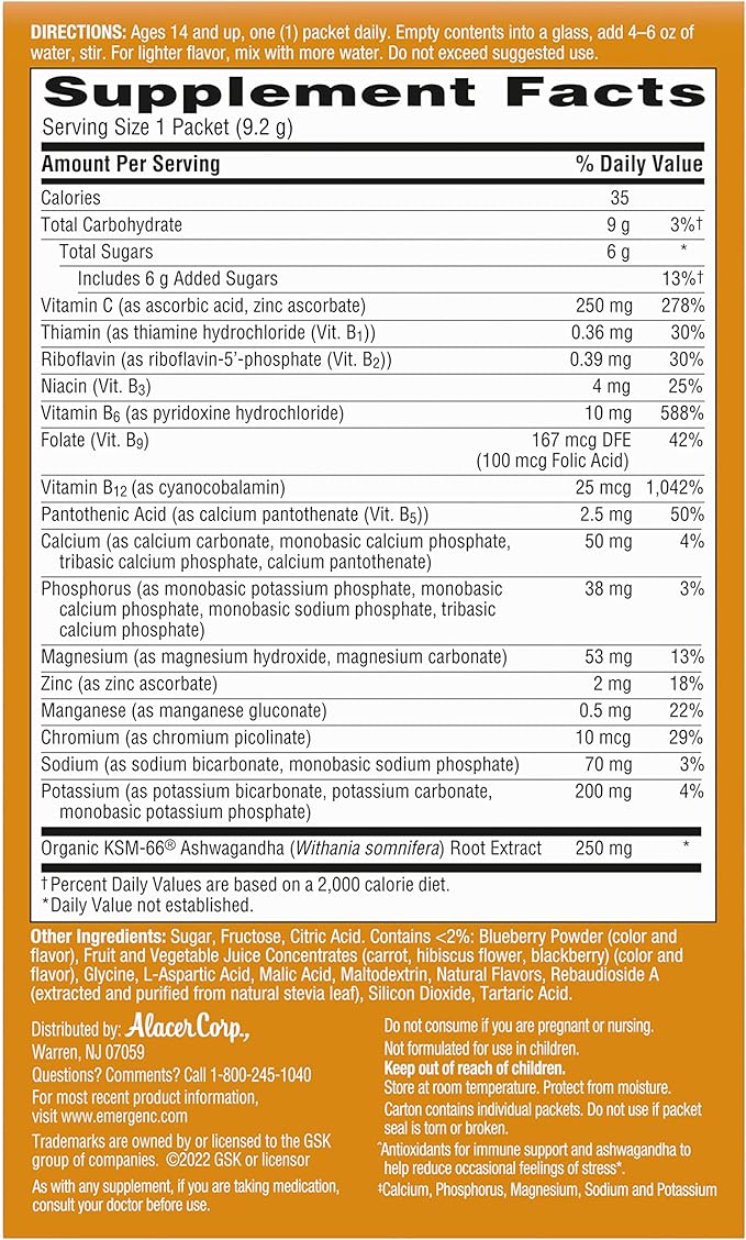 Emergen-C Vitamin C Ashwagandha Drink Mix, Dietary Supplement for Immune Support, Berry Blend - 18 Count