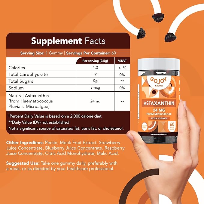GOJOY NATURALS Astaxanthin Gummies 24mg – High Potency Antioxidant Supplement – Skin, Eye & Immune Wellness Support – Vegan, Sugar-Free, Non-GMO, Gluten-Free, Soy-Free – 60 Gummies